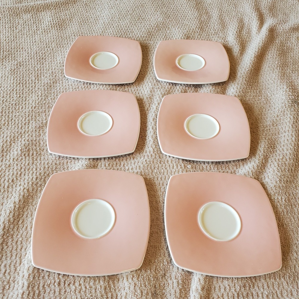 Karaca Fine Bone China Porcelain 6 Saucers Square Pink‎ & White Limited Ed